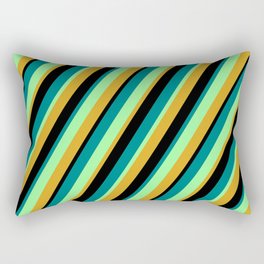 [ Thumbnail: Green, Goldenrod, Black, and Teal Colored Lined/Striped Pattern Rectangular Pillow ]