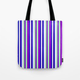 [ Thumbnail: Lavender, Green, Dark Violet, and Blue Colored Lined/Striped Pattern Tote Bag ]