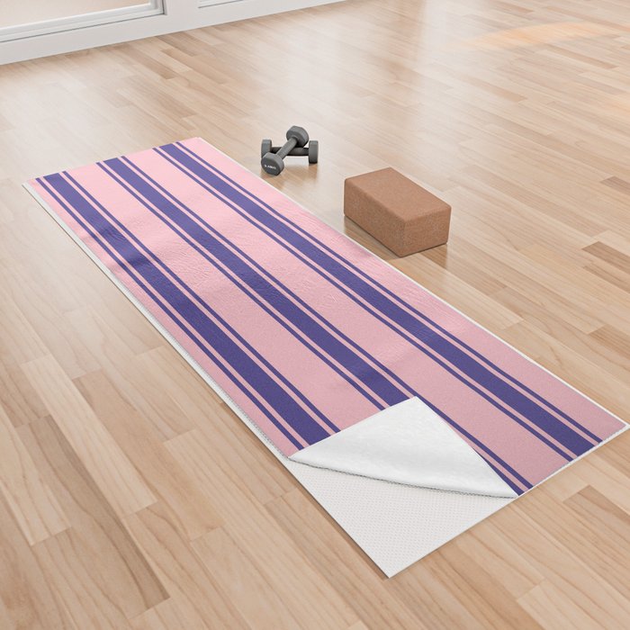 Pink and Dark Slate Blue Colored Pattern of Stripes Yoga Towel