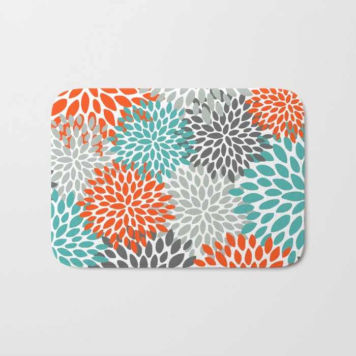 Floral Pattern, Abstract, Orange, Teal and Gray Bath Mat