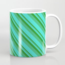 [ Thumbnail: Forest Green, Sea Green & Turquoise Colored Lined Pattern Coffee Mug ]