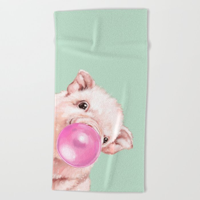 Bubble Gum Sneaky Baby Pig in Green Beach Towel