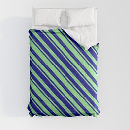 [ Thumbnail: Light Green & Dark Blue Colored Lined Pattern Comforter ]