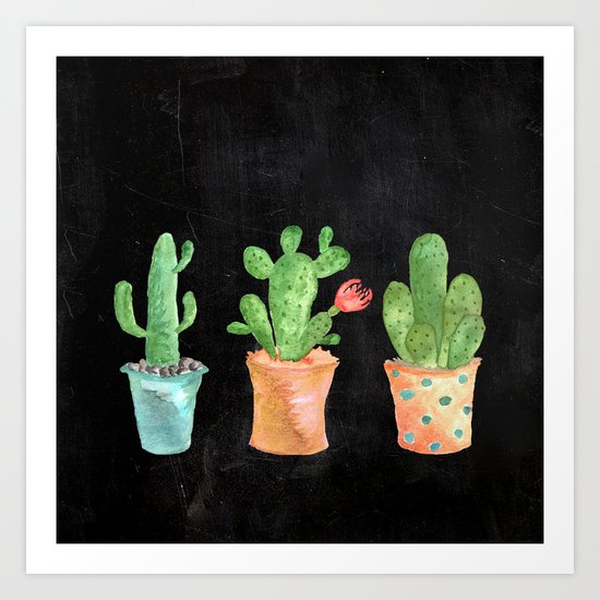 Three Green Cacti On Chalkboard Art Print