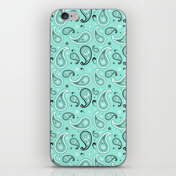 Black and White Paisley Pattern on Mint Blue Background iPhone Skin