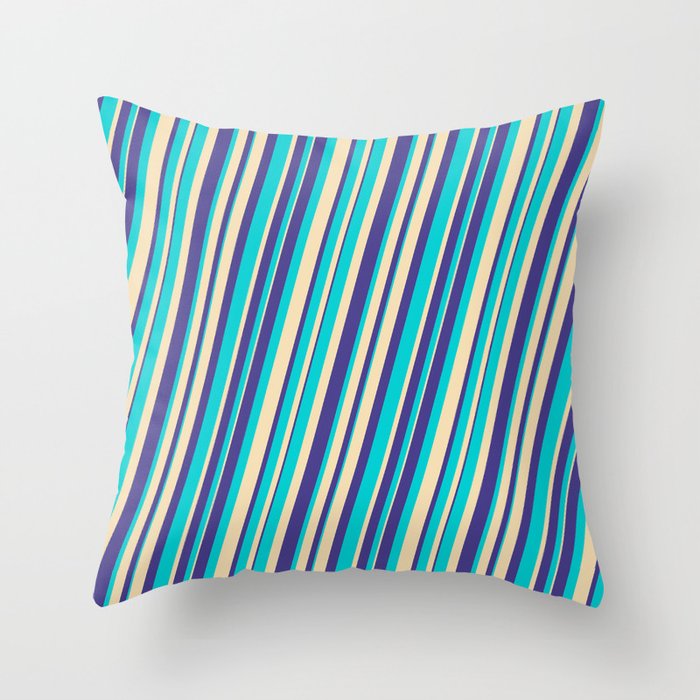 Dark Turquoise, Tan, and Dark Slate Blue Colored Lines/Stripes Pattern Throw Pillow