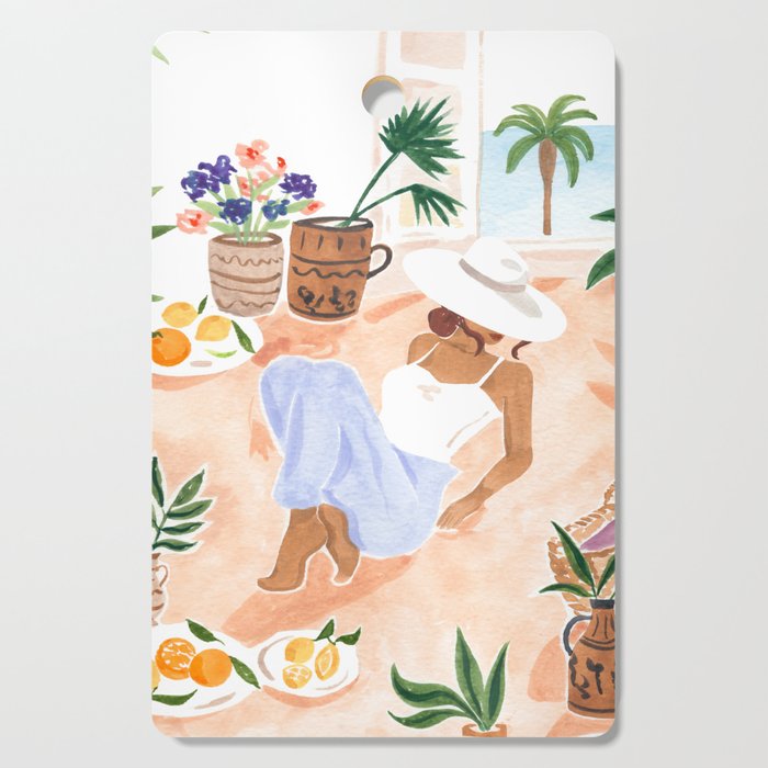 Woman Sitting by the Window Art Print - Sabina Fenn Illustration - Feminine Gouache Tropical Portrai Cutting Board