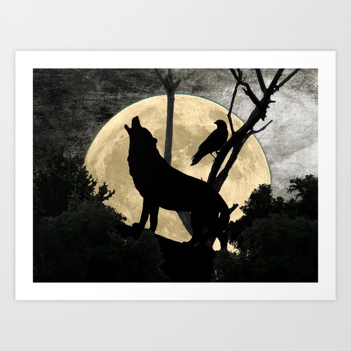 Howling Wolf Crow Moon Animal Black Bird Silhouette Art A388 Art Print by  Rusted Crow and Oak Studio | Society6