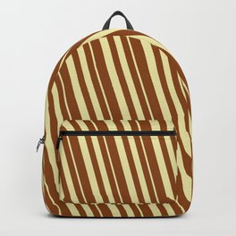 [ Thumbnail: Pale Goldenrod & Brown Colored Striped/Lined Pattern Backpack ]