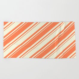 [ Thumbnail: Coral and Beige Colored Lined/Striped Pattern Beach Towel ]