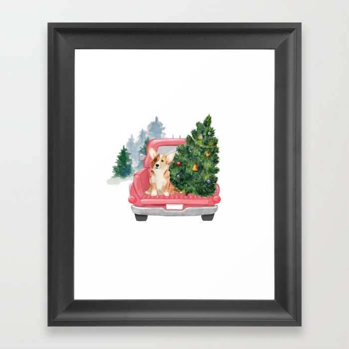 Driving Home For Christmas - Corgi On Red Xmas Car  Framed Art Print