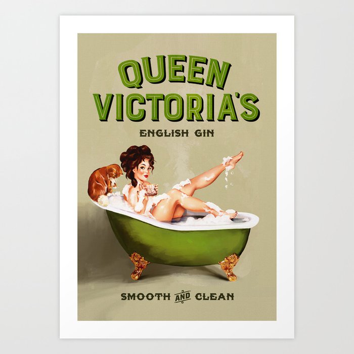 "Queen Victoria's English Gin" Cool Vintage Pinup Girl Alcohol Ad Wall Art Art Print