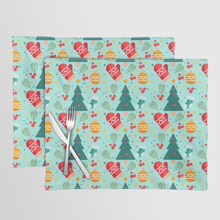 Christmas Pattern Turquoise Tree Gloves Placemat