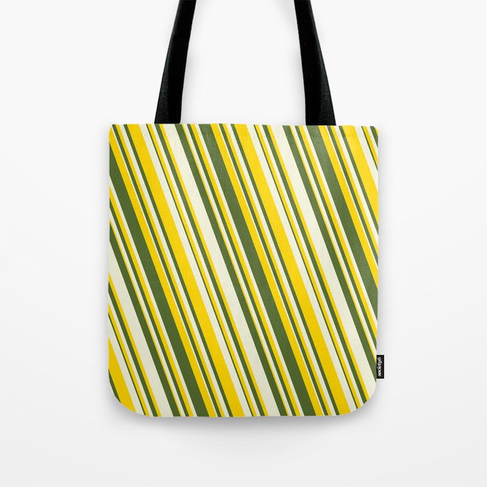 Yellow, Dark Olive Green & Beige Colored Striped Pattern Tote Bag