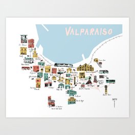 Valparaiso Map (white) - Chile Art Print