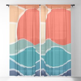 Retro 70s and 80s Color Palette Mid-Century Minimalist Nature Waves and Sun Abstract Art Sheer Curtain