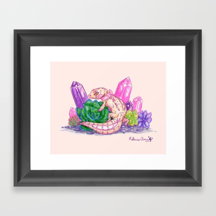 Pastel Leopard Gecko with Crystals and Succulents Framed Art Print