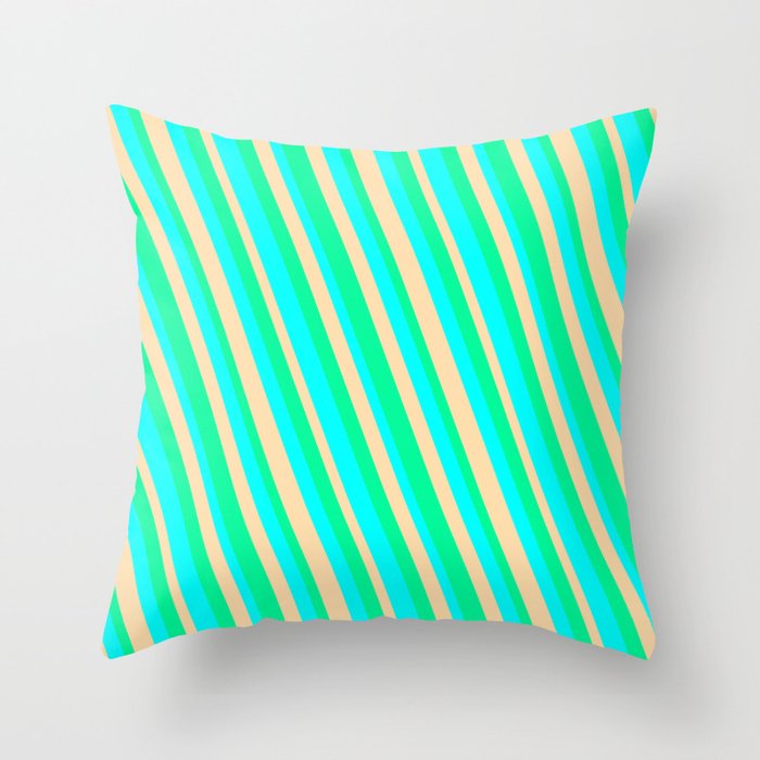 Aqua, Tan, and Green Colored Striped/Lined Pattern Throw Pillow
