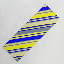 [ Thumbnail: Light Slate Gray, Pale Goldenrod, Yellow, and Blue Colored Striped Pattern Yoga Mat ]