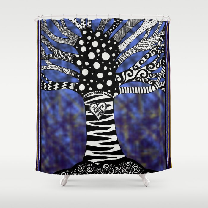 Blue Doodle Tree Shower Curtain