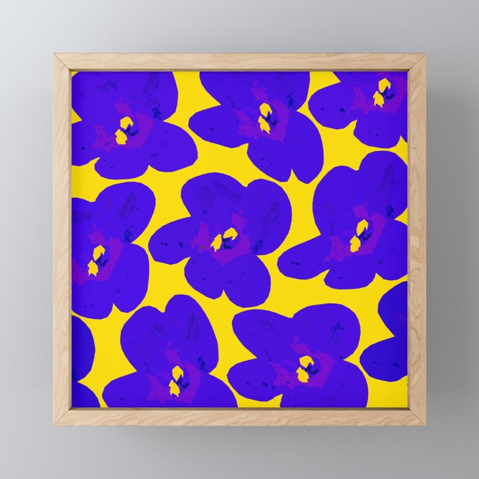 Blue Retro Flowers Yellow Background #decor #society6 #buyart Framed Mini Art Print