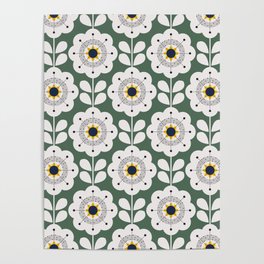 mid century geometric flower pattern on kale green Poster