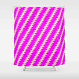 [ Thumbnail: Fuchsia and Tan Colored Lined Pattern Shower Curtain ]