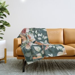 Peach Florals with Painted Speckles on Dark Green Throw Blanket