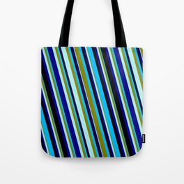 [ Thumbnail: Eyecatching Deep Sky Blue, Green, Turquoise, Dark Blue, and Black Colored Pattern of Stripes Tote Bag ]