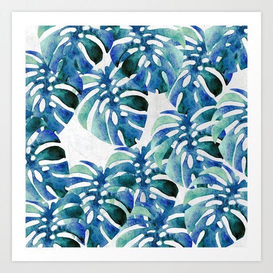 Monstera Pattern Green And Blue Art Print