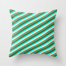 [ Thumbnail: Dark Olive Green, Cyan & Bisque Colored Lined Pattern Throw Pillow ]