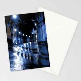 Blue rainy night on the street Stationery Card