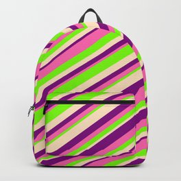 [ Thumbnail: Purple, Hot Pink, Green & Bisque Colored Lined Pattern Backpack ]