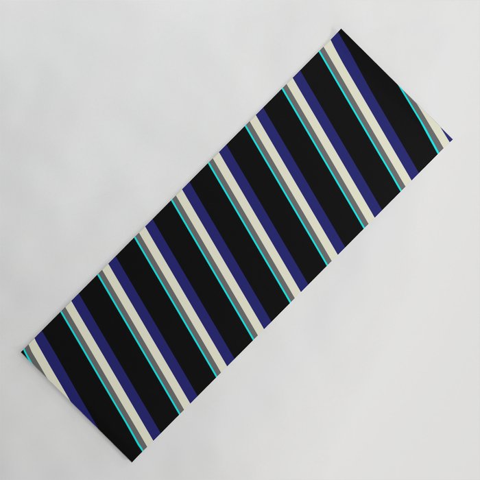 Eye-catching Aqua, Dim Gray, Beige, Midnight Blue & Black Colored Stripes Pattern Yoga Mat