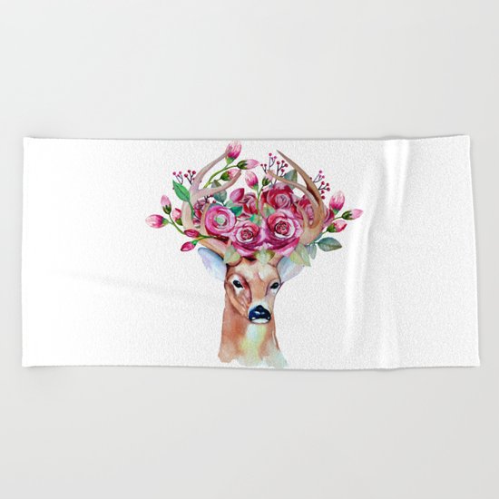Shy watercolor floral deer Beach Towel