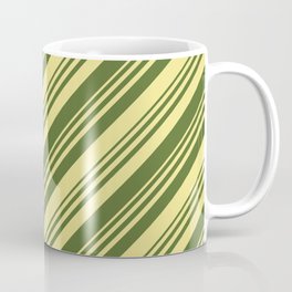 [ Thumbnail: Dark Olive Green & Tan Colored Lined/Striped Pattern Coffee Mug ]