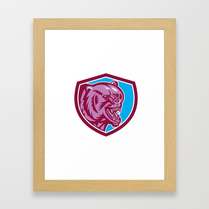 Grizzly Bear Angry Head Shield Retro Framed Art Print