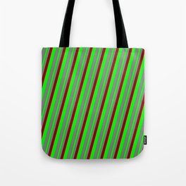 [ Thumbnail: Dark Red, Lime, and Gray Colored Stripes Pattern Tote Bag ]