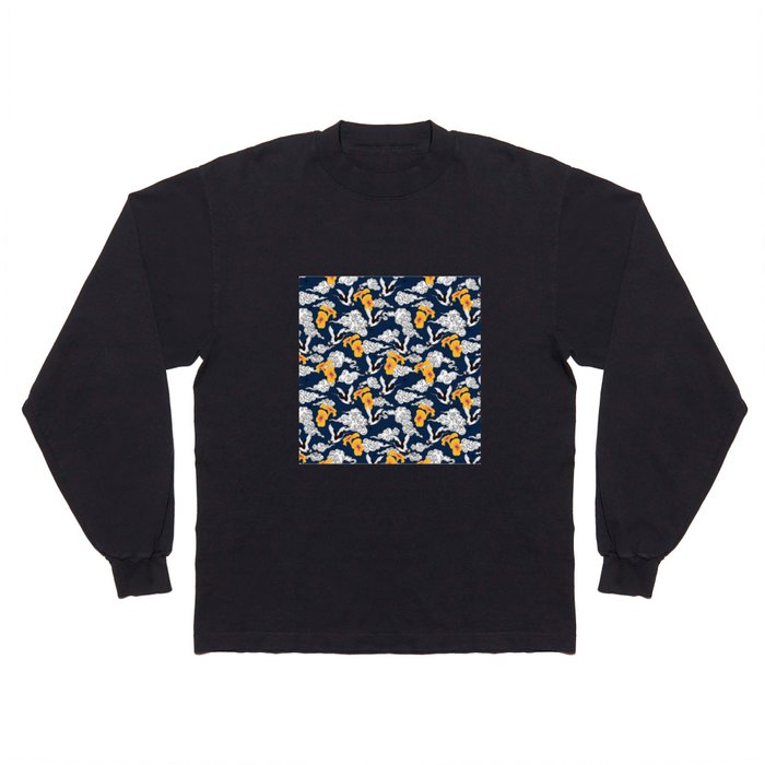 Japanese Clouds and Cranes No. 1 Navy Blue Long Sleeve T Shirt