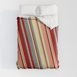 [ Thumbnail: Grey, Dark Red, Dark Salmon, and Pale Goldenrod Colored Striped Pattern Duvet Cover ]