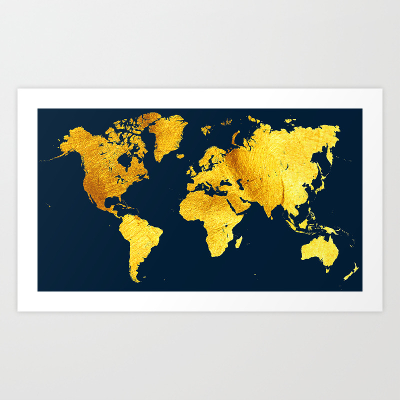 Blue And Gold World Map Royal Blue And Gold Map Of The World - World Map For Your Walls Art Print  By Dejavustudio | Society6