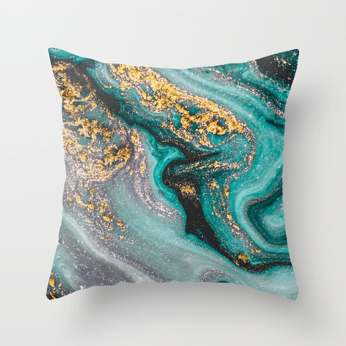 Turquoise And Gold Marble, Modern Marble Print, Luxury Geometric Art, Minimal Scandinavian Abstract Pattern Throw Pillow