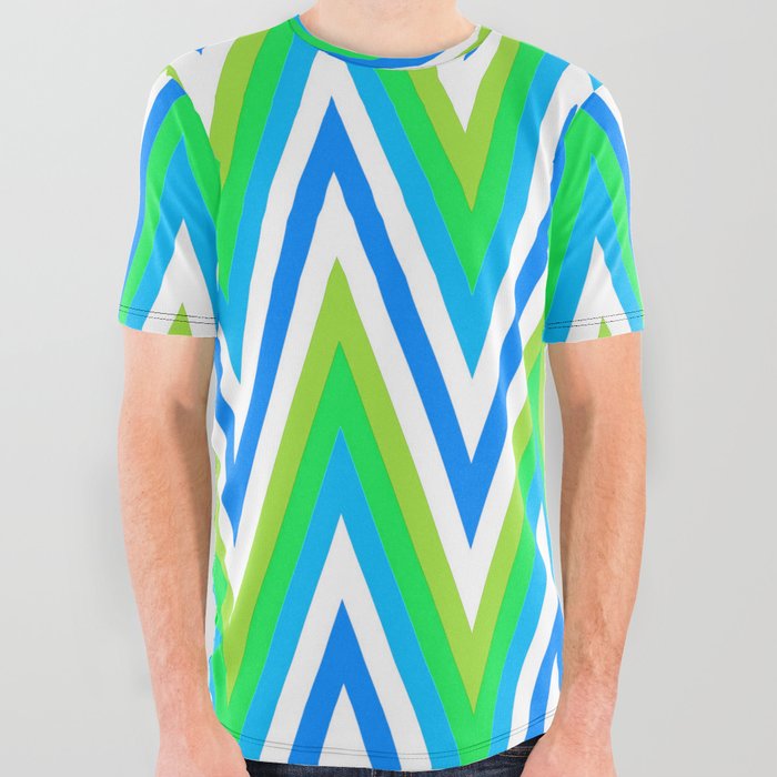 Chevron Design In Blue Green Yellow Zigzags All Over Graphic Tee