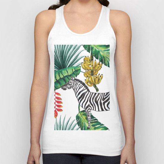 watercolor banana leaves with zebra Unisex Tank Top