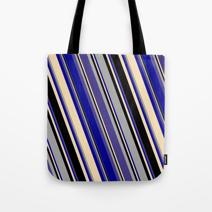 Dark Gray, Dark Slate Blue, Dark Blue, Tan, and Black Colored Striped Pattern Tote Bag