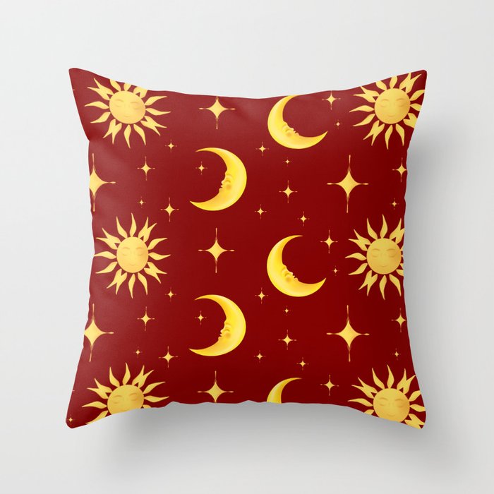 Sun,half moon,stars,cosmic art,celestial,red background  Throw Pillow