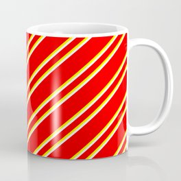 [ Thumbnail: Red, Yellow, and White Colored Stripes Pattern Coffee Mug ]
