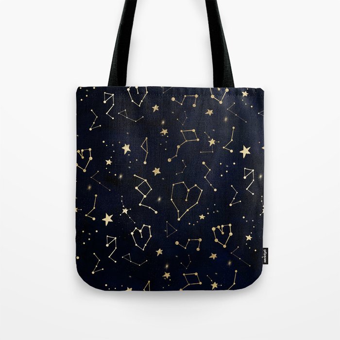Modern gold constellation hearts stars space on navy blue watercolor Tote Bag