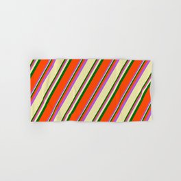 [ Thumbnail: Orchid, Pale Goldenrod, Dark Green, and Red Colored Striped/Lined Pattern Hand & Bath Towel ]