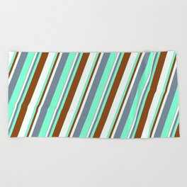 [ Thumbnail: Light Slate Gray, Aquamarine, Brown & Mint Cream Colored Stripes/Lines Pattern Beach Towel ]